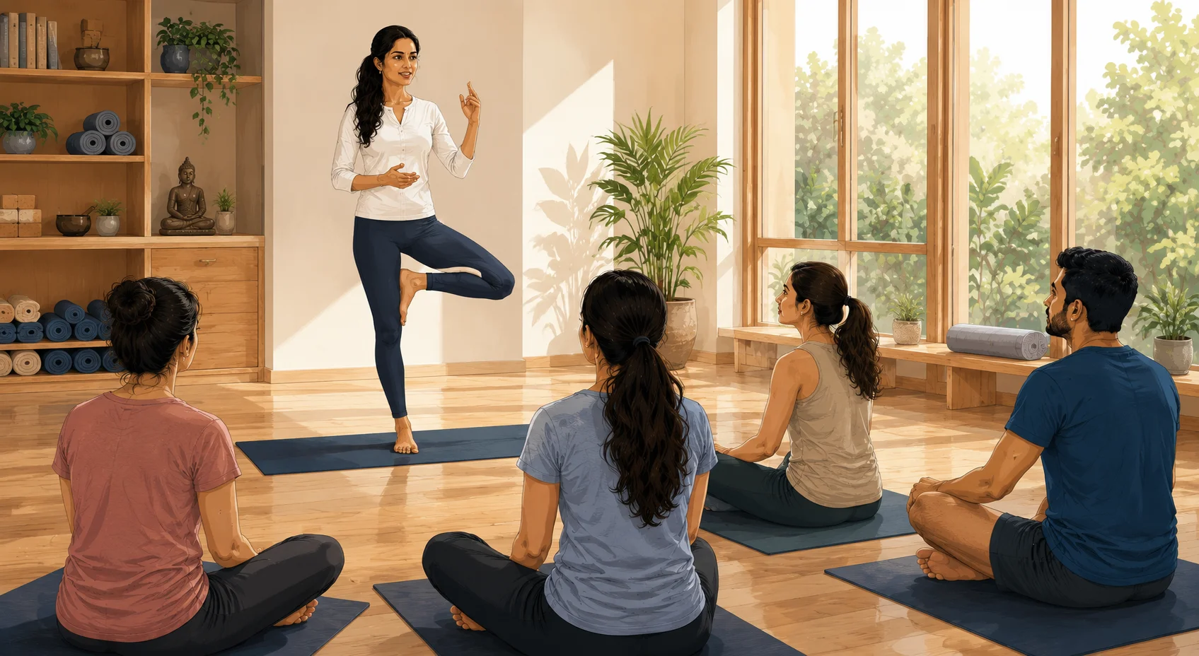 Yoga teacher conducting a professional class